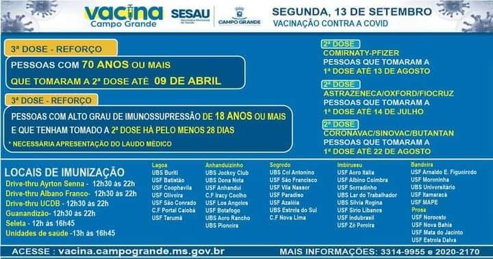 Vacinação contra a Covid será para 2ª e 3ª dose nesta segunda-feira; confira.