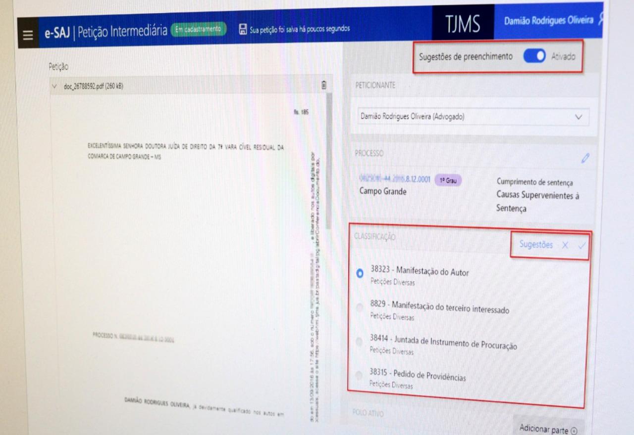 TJMS automatiza classificação de petições intermediárias no Portal e-SAJ usando inteligência artificial.