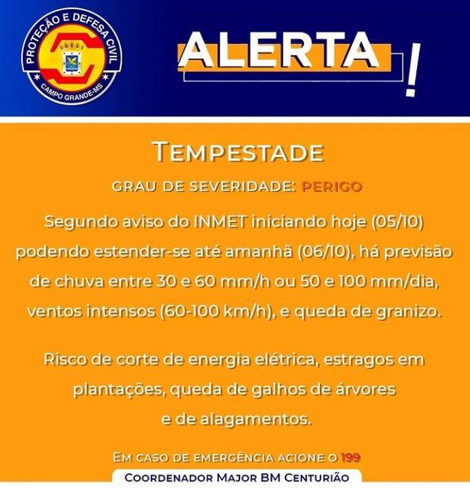 Defesa Civil Municipal de Campo Grande-MS segue em alerta máximo nos próximos dias