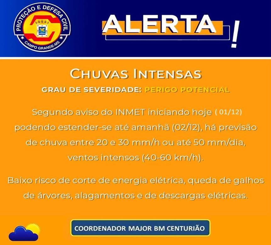 Defesa Civil Municipal  alerta para chuvas e ventos  entre 40 e 60 km/h em Campo Grande