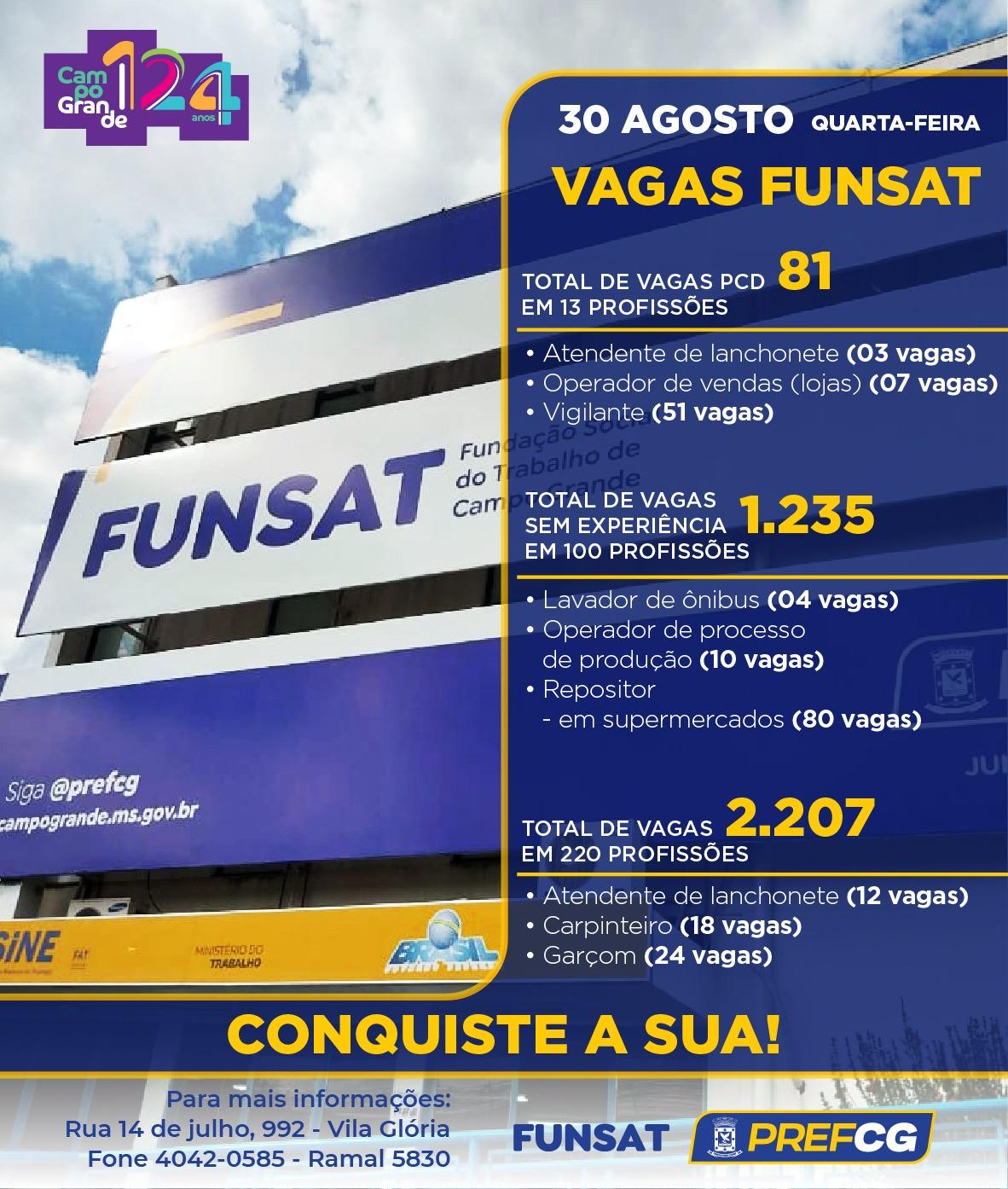 Funsat anuncia mais de 2,2 mil vagas de emprego em 220 funções nesta quarta-feira.