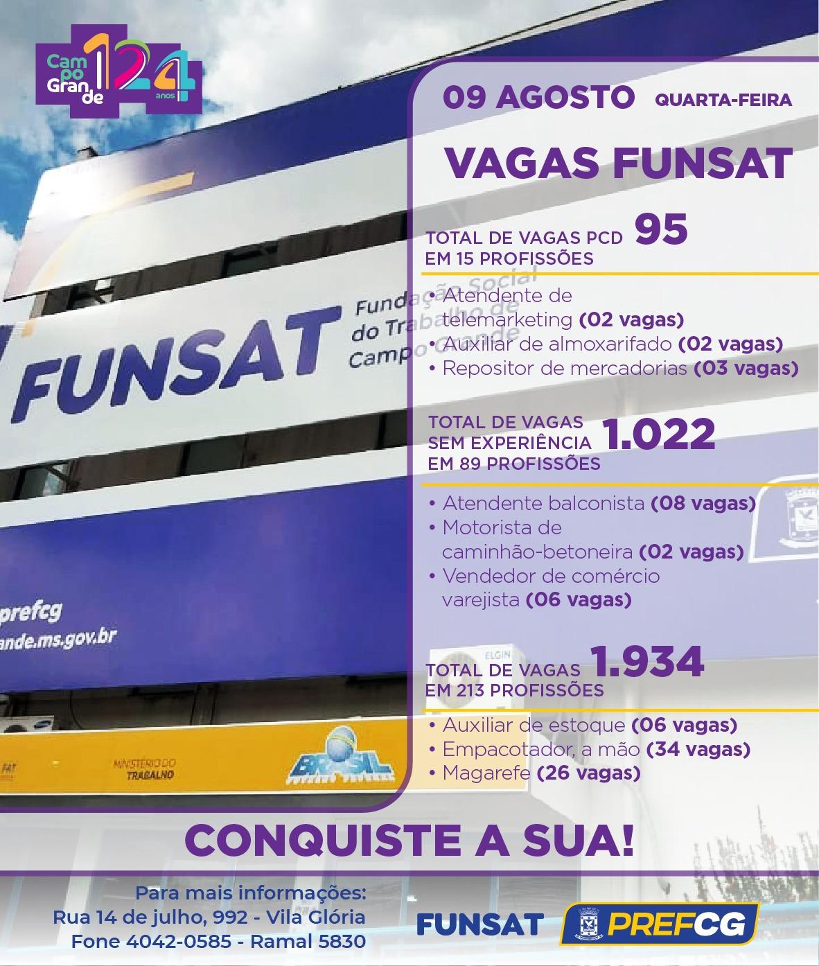 Funsat oferece 1.934 vagas de emprego em mais de 200 funções nesta quarta-feira. 