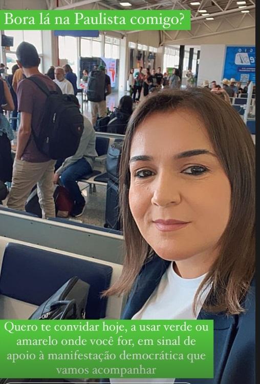 Prefeita Adriane Lopes vai a São Paulo e pede verde ou amarelo em apoio à “manifestação democrática”