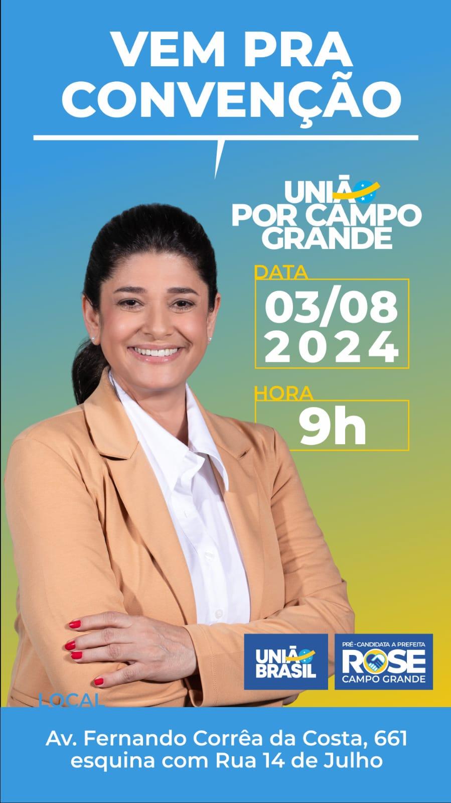 União Brasil convida filiados para ato que vai oficializar candidatura de Rose Modesto à Prefeitura da Capital.