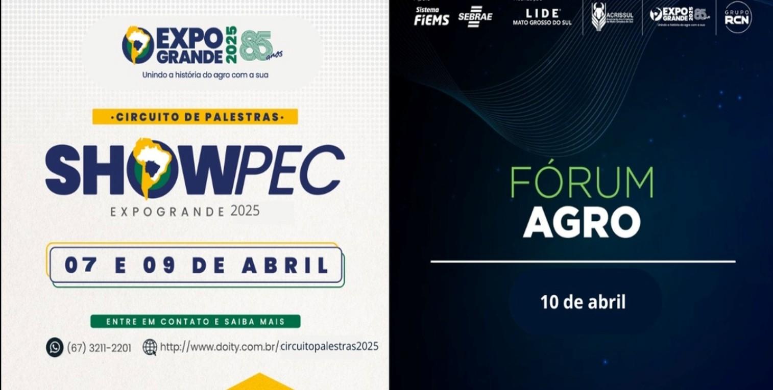 A ACRISSUL - Associação de Criadores de Mato Grosso do Sul e o Sindicato Rural de Campo Grande, Rochedo e Corguinho - SRCG, promoverá durante a 85ª Expogrande, o Circuito de Palestras - SHOWPEC e o FORUM LIDE AGRO - NOVAS CADEIAS PRODUTIVAS DO MS.