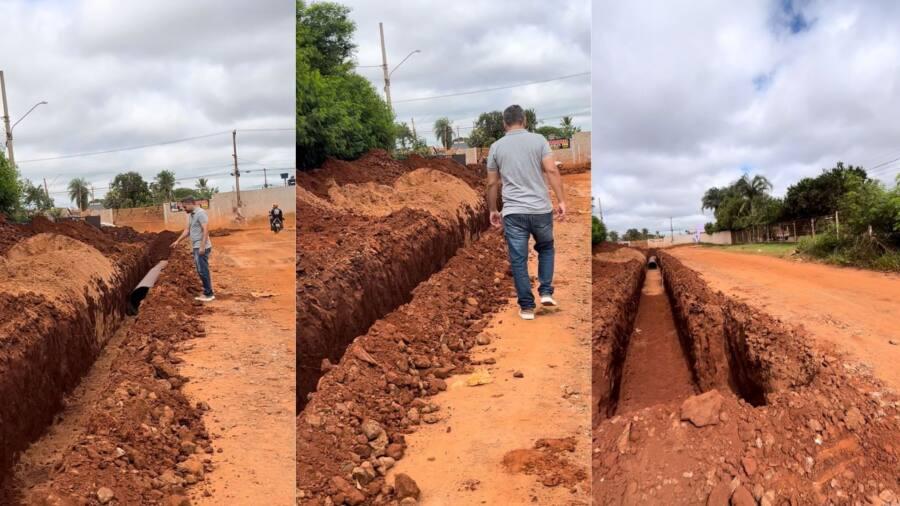 Vereador Leinha visita obras de drenagem na Rua Penalva, no Jardim Monte Alegre.
