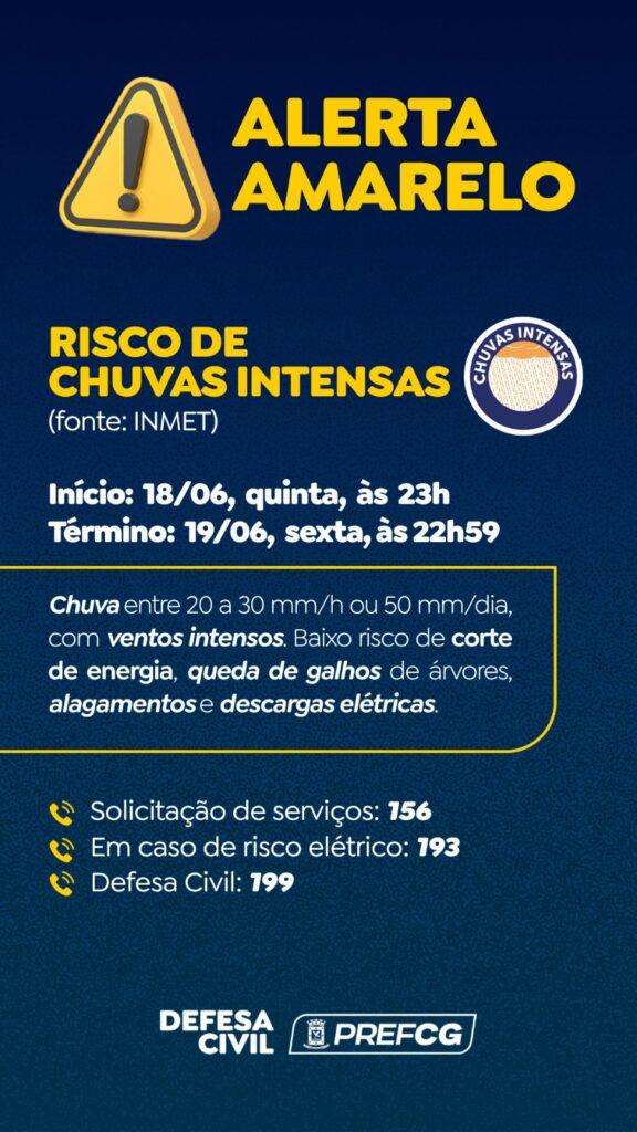 Defesa Civil emite alerta de chuvas e ventos intensos.