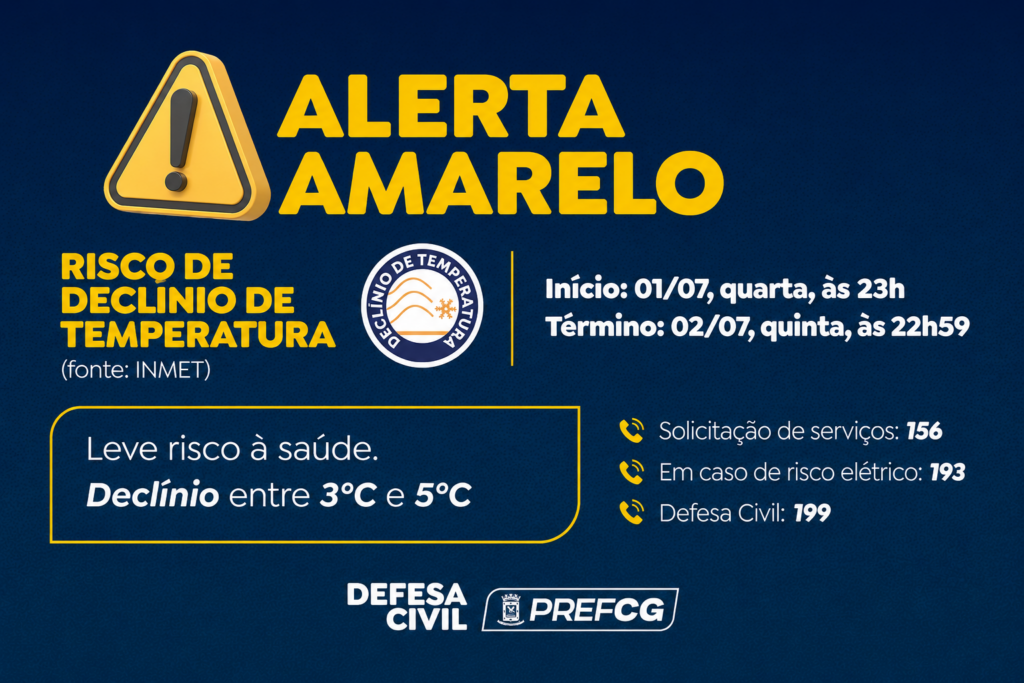 Defesa Civil emite alerta para declínio de temperatura.
