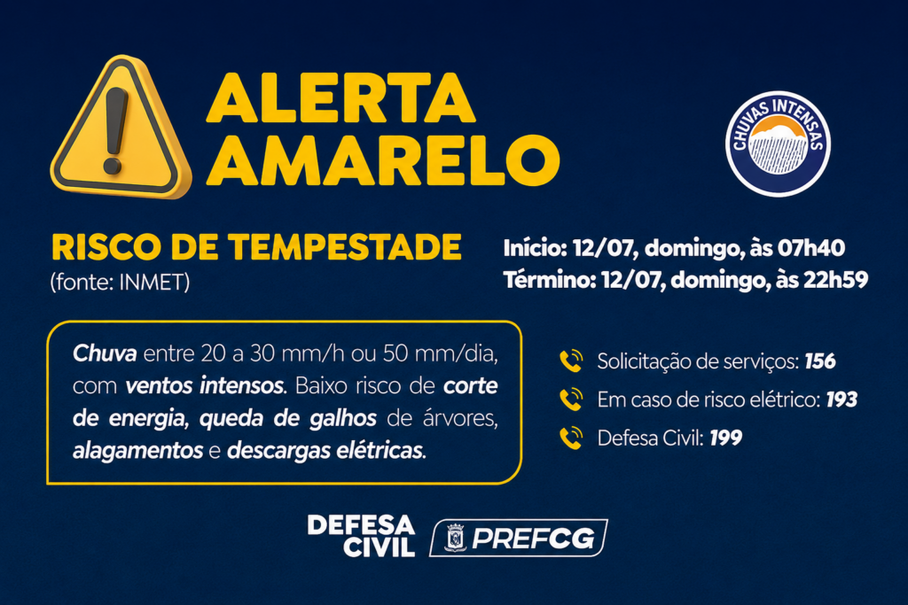 Alerta amarelo informa risco de tempestade hoje.