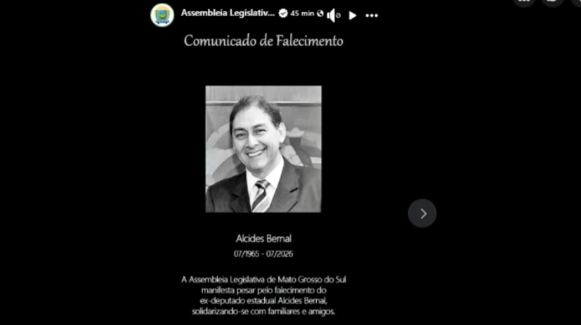 Assembleia Legislativa de Mato Grosso do Sul manifesta pesar pela morte do ex-prefeito Alcides Bernal.
