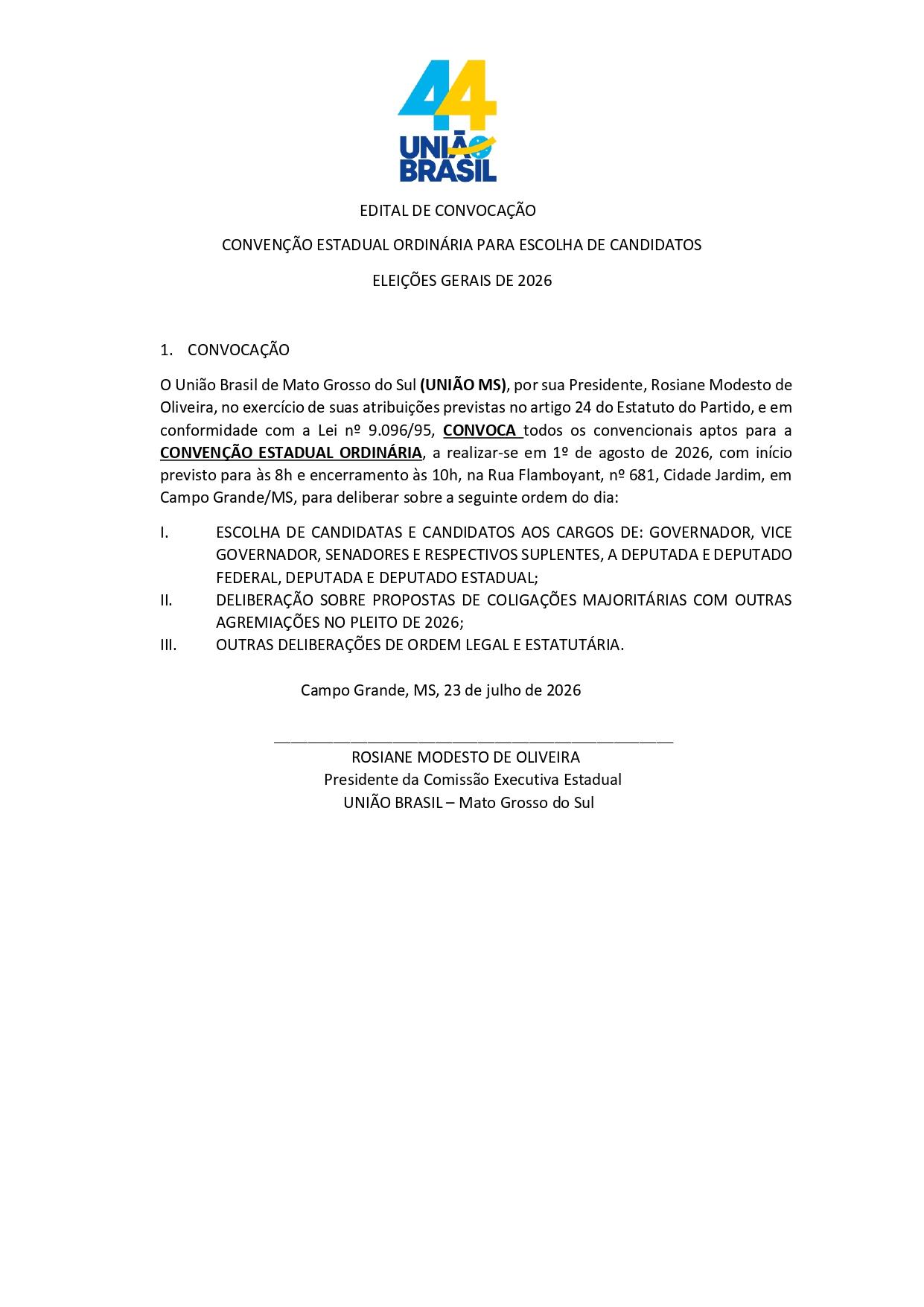 Edital de convocação convenção estadual ordinária para escolha de candidatos eleições gerais de 2026 