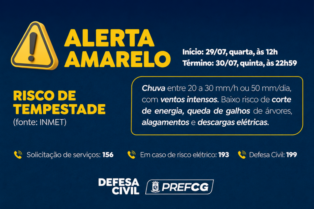 Com risco de tempestades, Defesa Civil emite alerta amarelo. Com risco de tempestades, Defesa Civil emite alerta amarelo.