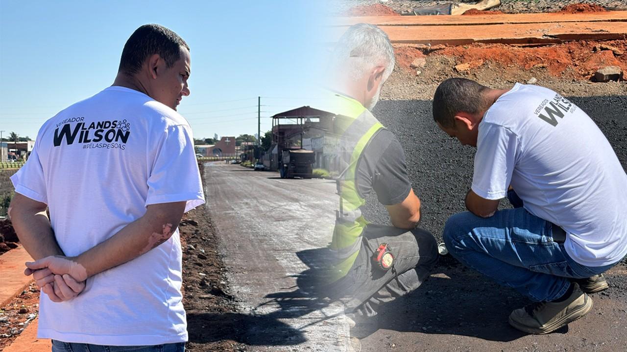 Vereador Wilson Lands acompanha avanço das obras na Ernesto Geisel e fiscaliza chegada da etapa de pavimentação.