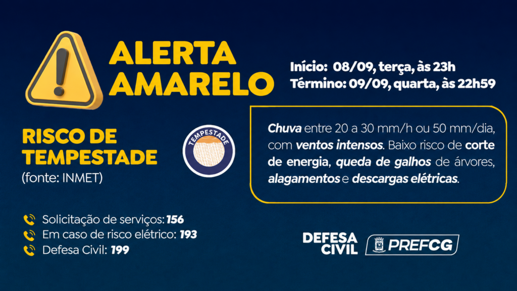 Defesa Civil emite alerta amarelo para risco de tempestades. Defesa Civil emite alerta amarelo para risco de tempestades.