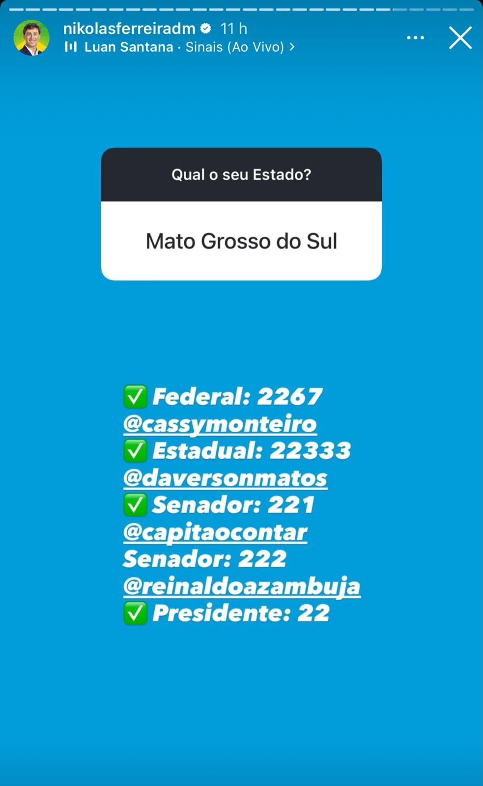 Nikolas Ferreira entra na disputa eleitoral e anuncia apoio a Capitão Contar e Reinaldo Azambuja para o Senado em Mato Grosso do Sul.