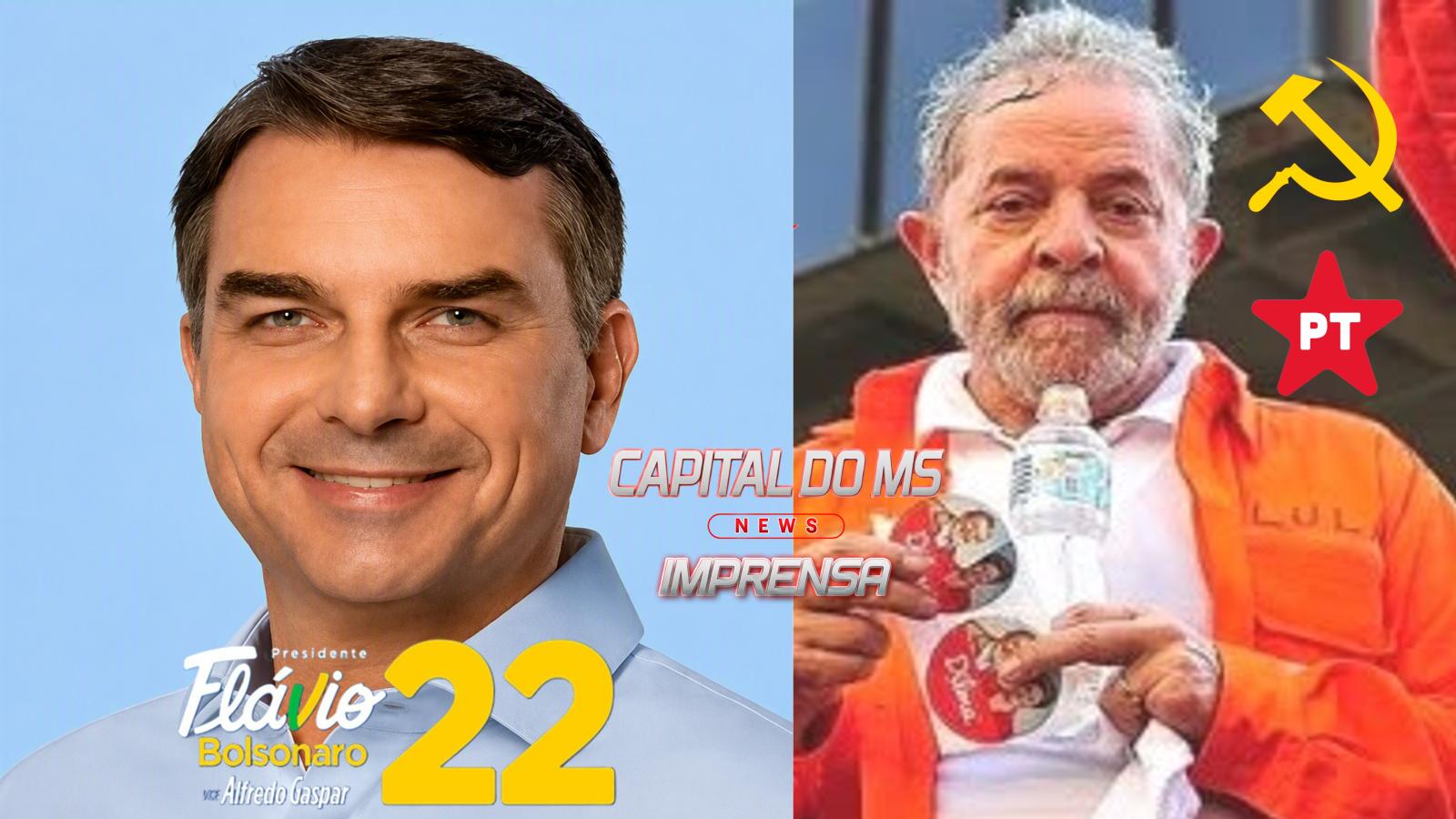 Flavio Bolsonaro lidera nova pesquisa com 40,82% da intenção de votos, contra 31,63% do Lula em Mato Grosso do Sul.