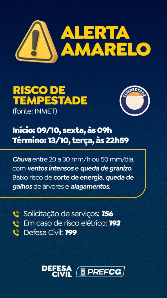 Defesa Civil emite alerta amarelo para risco de tempestades até terça-feira.