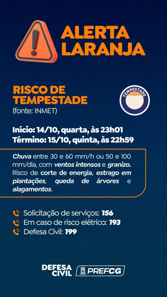 Defesa civil emite novo alerta para risco de tempestades.
